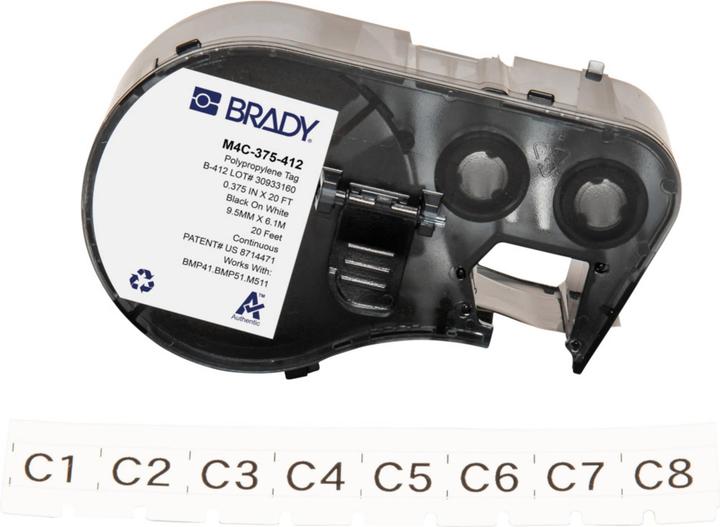 Actual product image Brady M4C-375-412, polypropylene, black on white, 9.53 mm x 6.10 m, non-adhesive, continuous