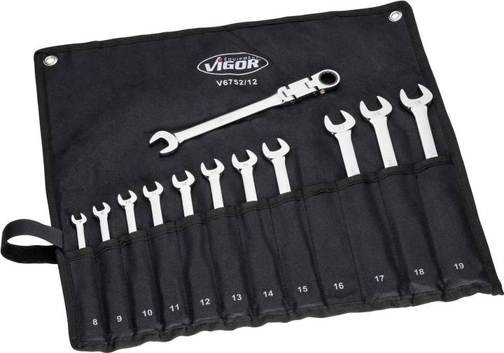 Actual product image Vigor Double-jointed ratchet ring spanner set V6752/12 12 pieces (19 mm, 13 mm, 17 mm, 8 mm, 14 mm, 12 mm, 9 mm, 10 mm, 11 mm, 18 mm, 16 mm, 15 mm)