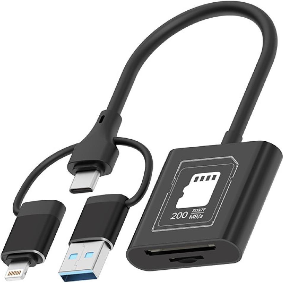 PowerGuard 3-in-1 DualStore SD V30 Mobile Kartenleser USB-C USB-A Lightning (Lightning, USB 3.1, USB-C), Lettore di schede di memoria, Nero, Grigio