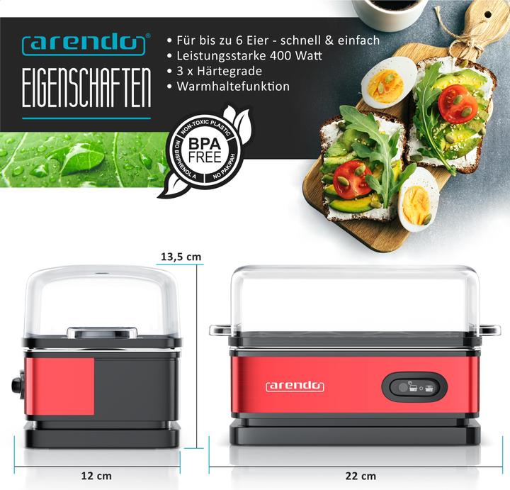 Actual product image Arendo Edelstahl Eierkocher 6-fach, 400 W, Edelstahl, Warmhaltefunktion, Härtegrad einstellbar, rot
