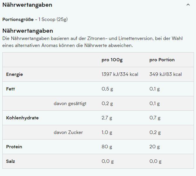 Nährwerte und Zutaten MyProtein Clear Whey Isolate (Bitter Lemon, 1 Stk., 488 g)