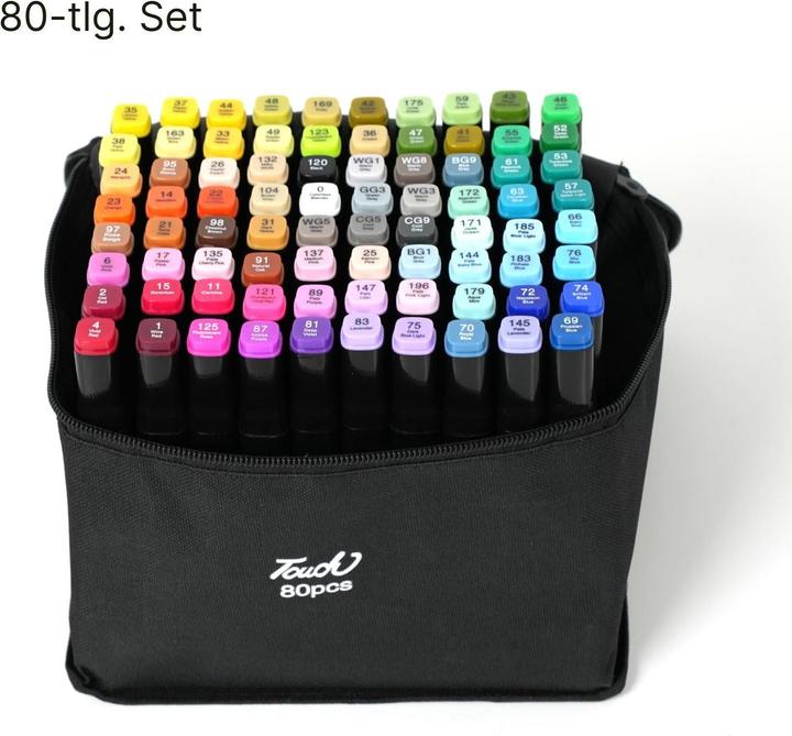 Produktbild Hermex 80-tlg. Set Doppelseitige Stifte Twin Marker Dual Marker Doppelspitz-Filzstifte (Lila, Gelb, Schwarz, Grün, Blau, Orange, Rot, Braun und weitere bunte Töne, 6 mm, 80 x)