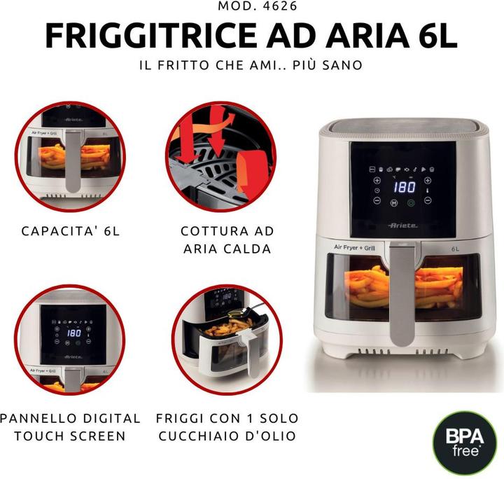 Immagine prodotto Ariete 4626 Airy Fryer 6L, Friggitrice ad aria, 1300 W, Capacità 6L, Capacità di cottura 2,5kg, 8 pr