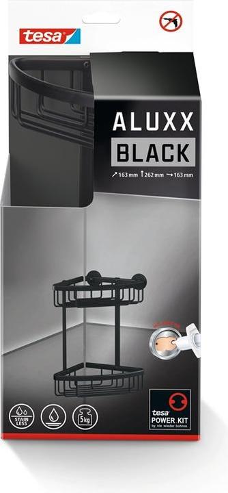 Actual product image tesa ALUXX BLACK corner shower basket incl. adhesive solution without drilling (17.5 x 17.5 x 34.5 cm)