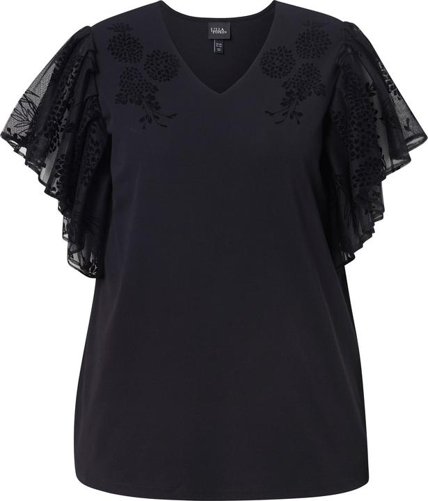 Image du produit Ulla Popken T-shirt décolleté en V, flocage en forme de fleurs et manches courtes chauve-souris (58)