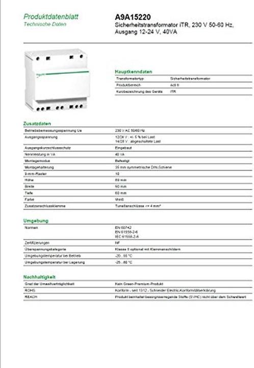 Produktbild Schneider Electric Schneidtransformator Sicherheit 23024V 40VA iTR (A9A15220)