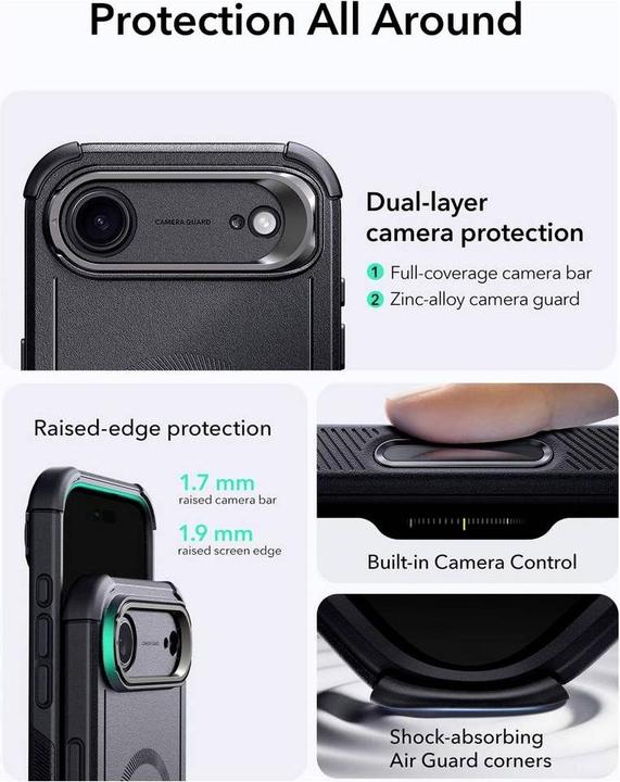Produktbild ESR Cyber Tough Magnetic Case (Camera Control, Stash Stand), for iPhone 17 Air, Black (Apple iPhone 17, Apple iPhone Air)