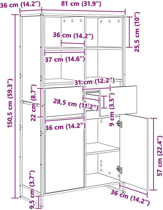 Image du produit vidaXL Sideboard-Aufbewahrung (36 x 81 x 150.50 cm)