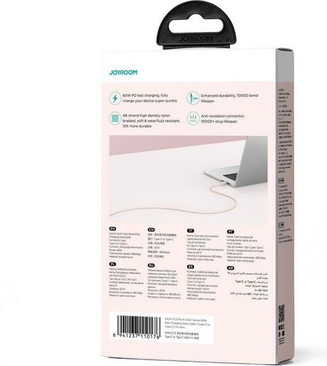 Actual product image Joyroom Multi-Color Series SA34-CC3 USB-C / USB-C Cable 60W Fast Transfer 1m - Pink (1 m, USB 2.0, 60 W)