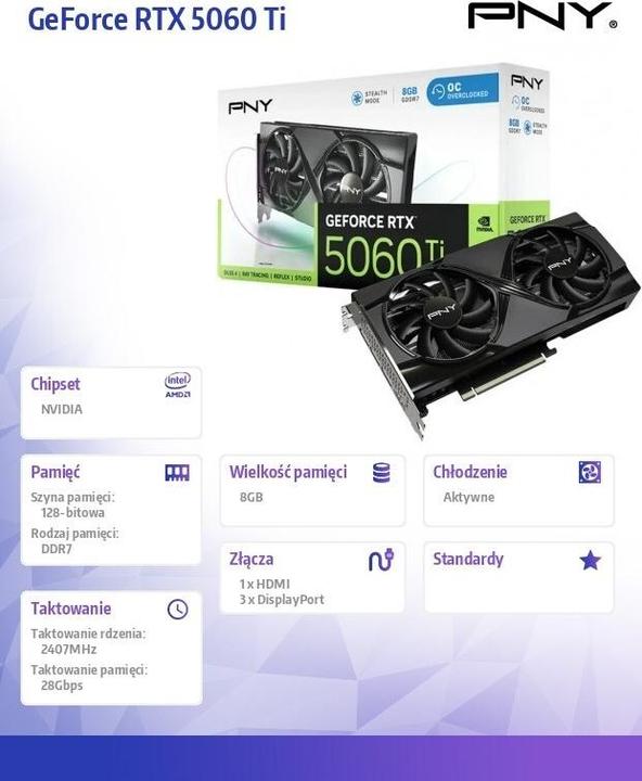 Produktbild PNY RTX5060 TI VERTO OC Dual Fan 8GB GDDR7 HDMI 3xDP (8 GB)