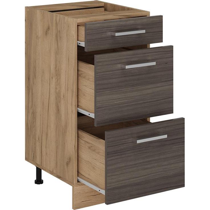 Vicco, Regal, Küchenunterschrank R-Line, Edelgrau/Goldkraft Eiche, 40 cm mit Schubladen, AP Eiche