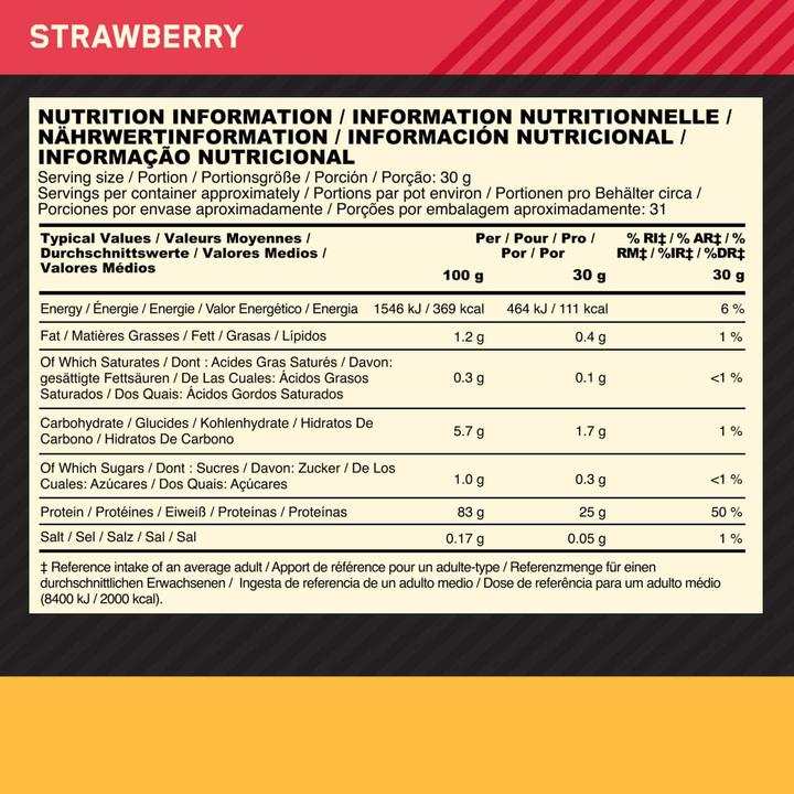 Nutritional values and ingredients Optimum Nutrition Gold Standard Isolate (Strawberry, 1 pcs., 930 g)