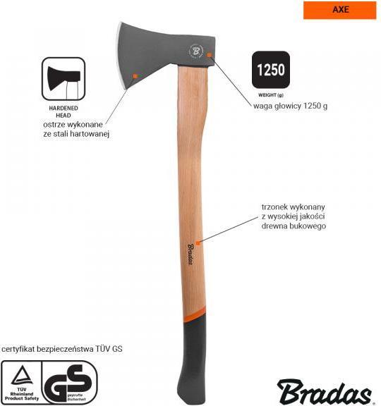 Actual product image Bradas Universal axe, wooden handle, length: 710 mm, 1.25 kg