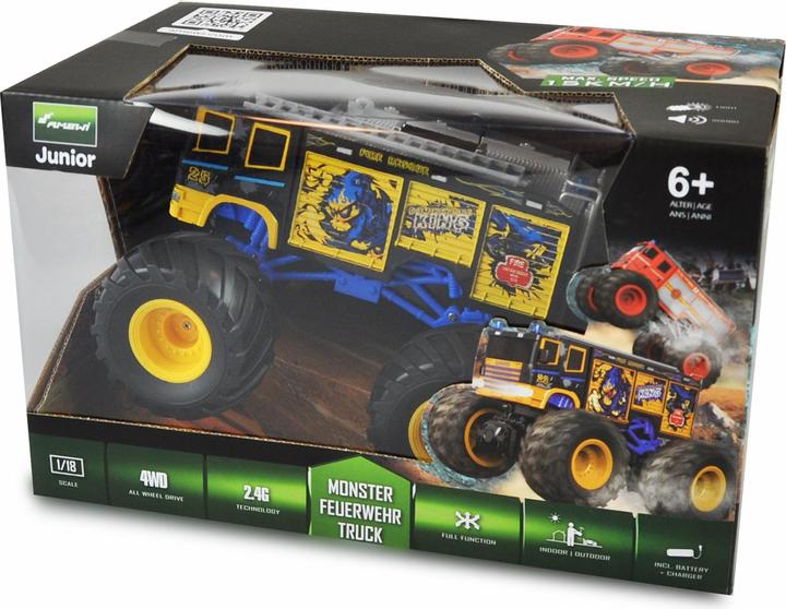 Produktbild Amewi Monster Feuerwehr Elektro Brushed Monster Truck 2WD 1:18 RTR blau (RTR Ready-to-Run)