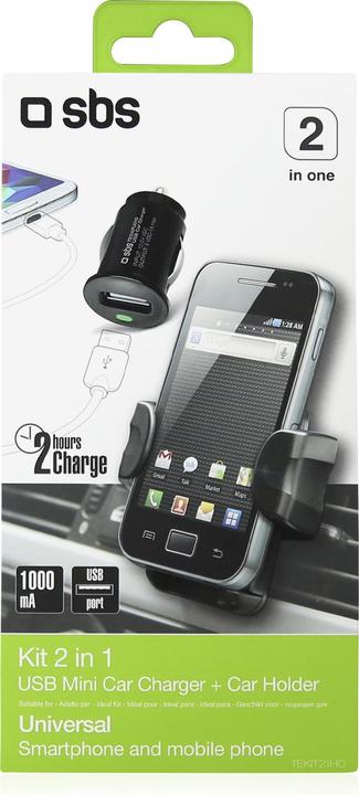 Actual product image SBS Kit with mini car charger USB and car universal holder