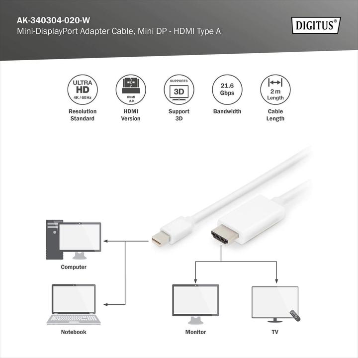 Image du produit Digitus Mini DP cable,mDP - HDMI, 2m (2 m, DisplayPort, HDMI, 1.2)