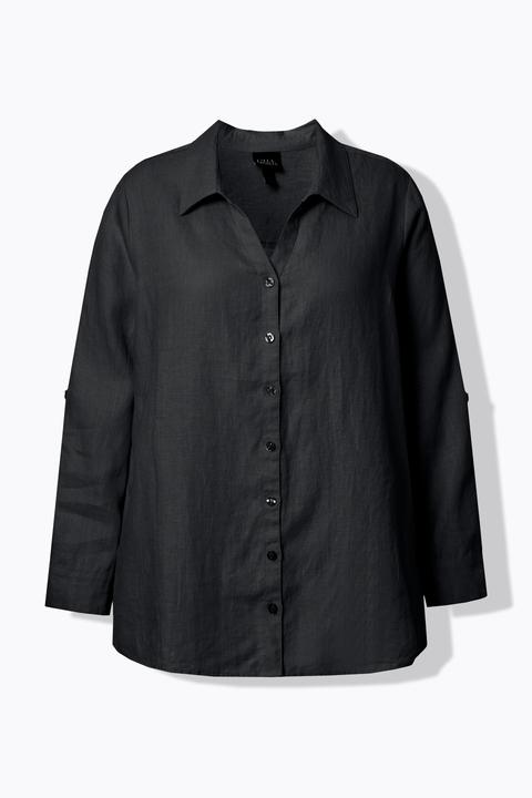 Actual product image Ulla Popken Roll-Tab Sleeve Button Front Linen Blouse (50)