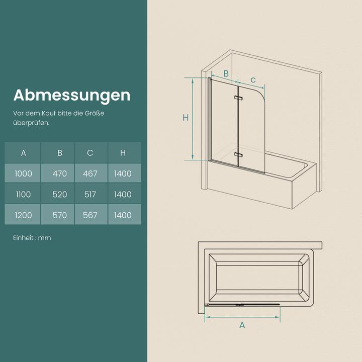 Produktbild Emke Duschwand für Badewanne 110x140cm Glas-Duschwand, 2-teilig Faltbar, Leicht zu Reinigen, Schwarz (110 cm, 110 cm, 140 cm)