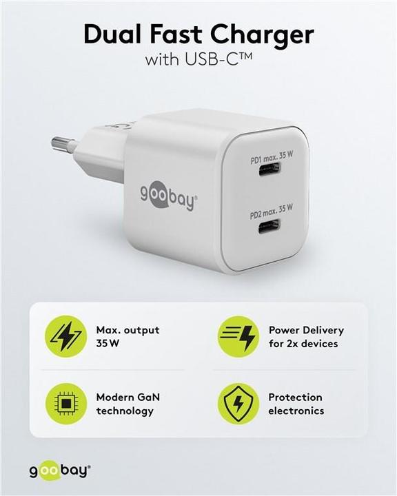 Actual product image Goobay USB-C PD GaN Dual-Schnellladegerät Nano 35 W weiss (35 W, 2 ports)