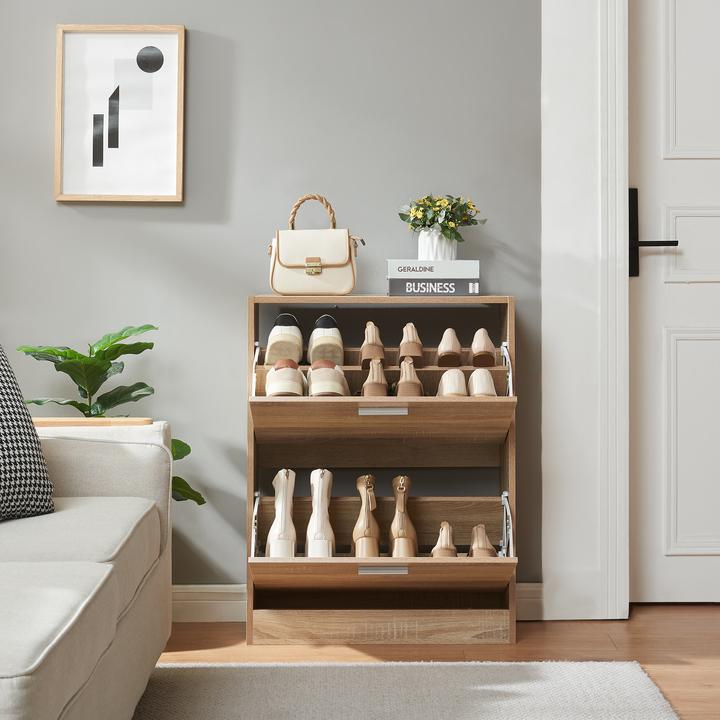 Actual product image En.Casa Schuhschrank Sykkylven 81x63x24 cm mit 2 Klappen Sonoma-Eiche (63 x 24 x 81 cm)