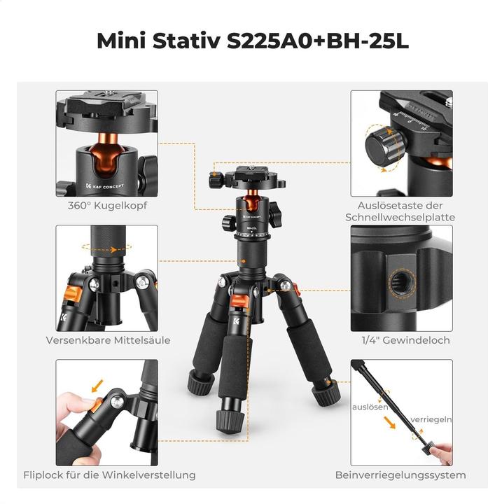 Actual product image K&F Concept S225A0+BH-25L Desktop Mini Tripod for Camera (Metal)