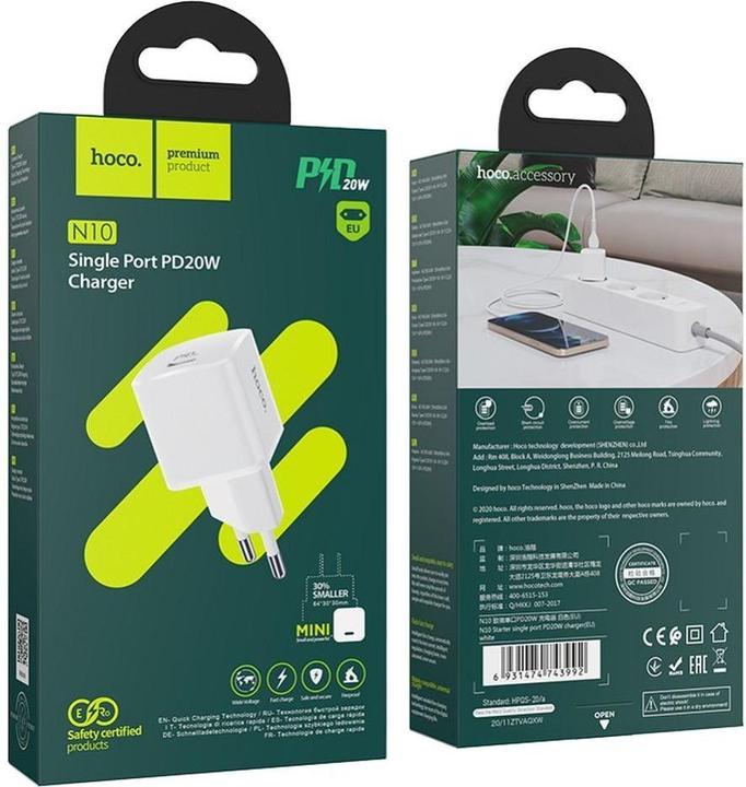 Image du produit Hoco Adapter travel charger Type C PD 20W N10 white (20 W, 1 portion)