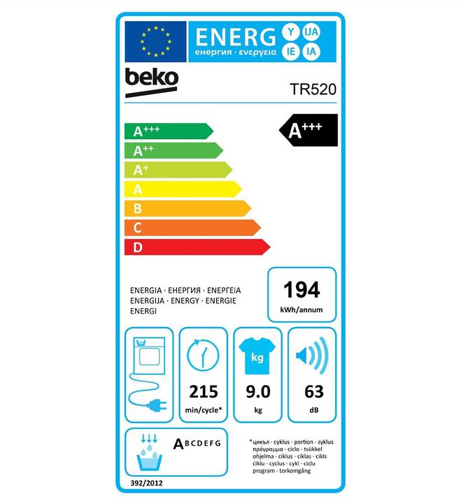 Energy Label Beko TR520 (9 kg, Right)