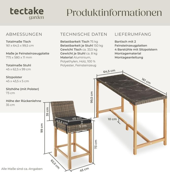 Produktbild tectake Rattan Bartisch Lovas mit 4 Stühlen Latina (161 x 64.50 x 99.50 cm)