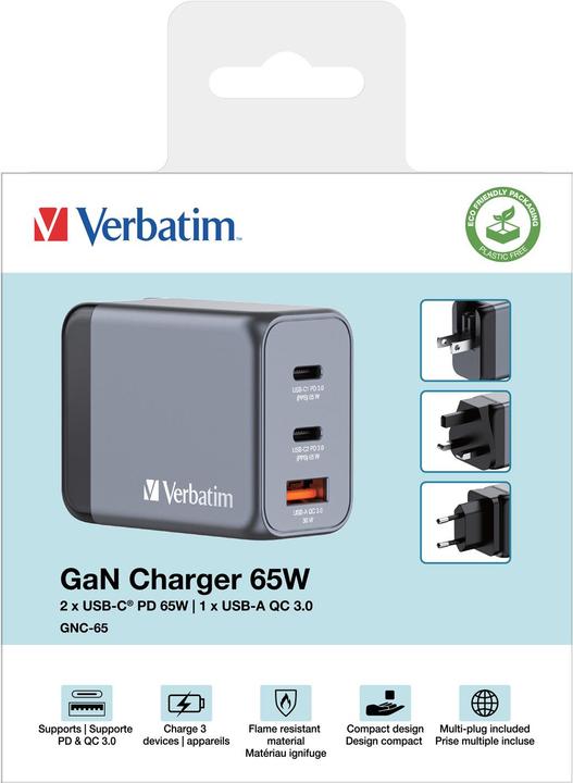 Actual product image Verbatim GNC-65 GaN Charger (65 W, 3 ports)