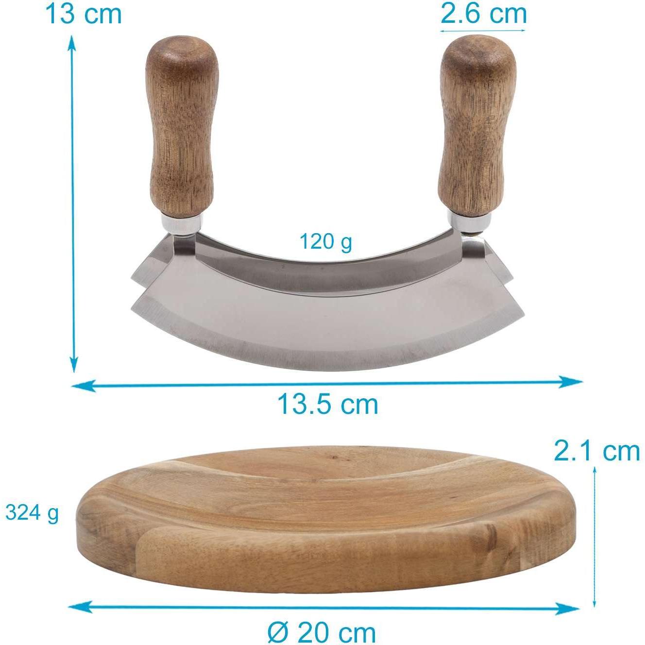 Intirilife Wiegemesser mit Schneidebrett für Kräuter und Gewürze, Küchenmesser, Braun
