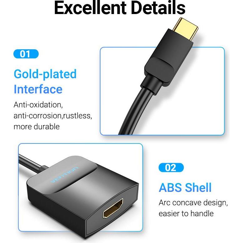 Thumbnail - Vention USB-C zu (HDMI, 15 cm), Data + Video Adapter, Schwarz