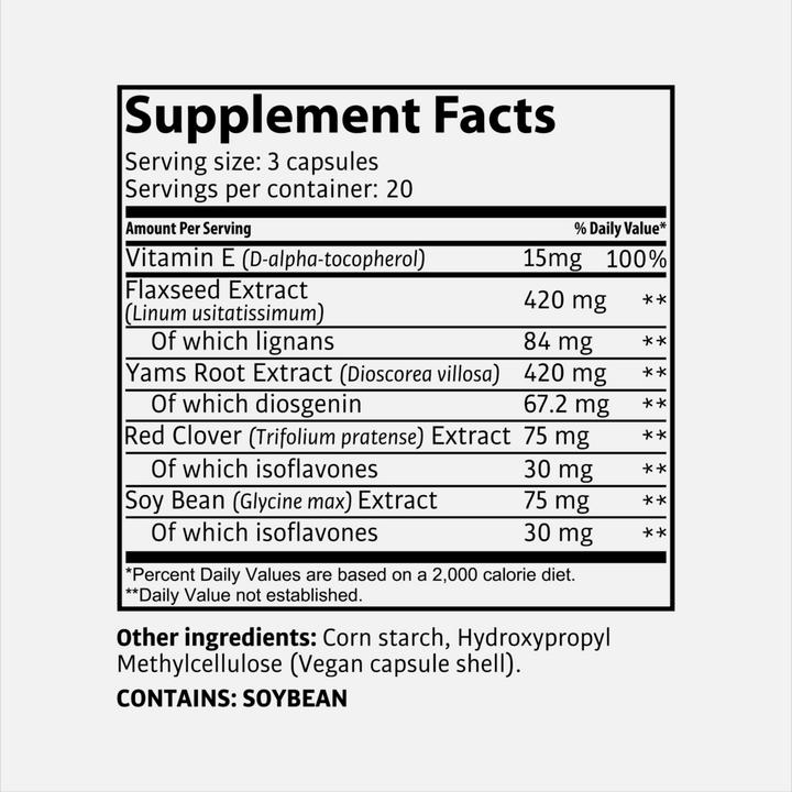 Valeurs nutritives et ingrédients Tasnim Femi Step Balance ESL - Femme forte - Extrait de racine d'igname - 60 gélules (60 pièce(s), Capsules, 25 g)