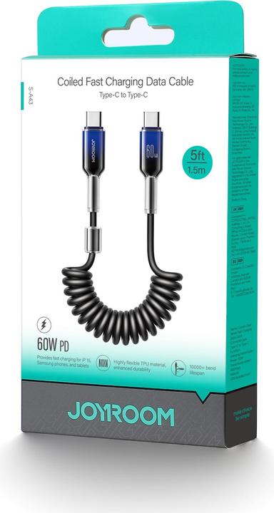 Produktbild Joyroom S-A43 Crystal-Clear Series 60W Coiled Fast Charging Data Cable (Type-C to Type-C) 1.5m-Black (1.50 m, 60 W)