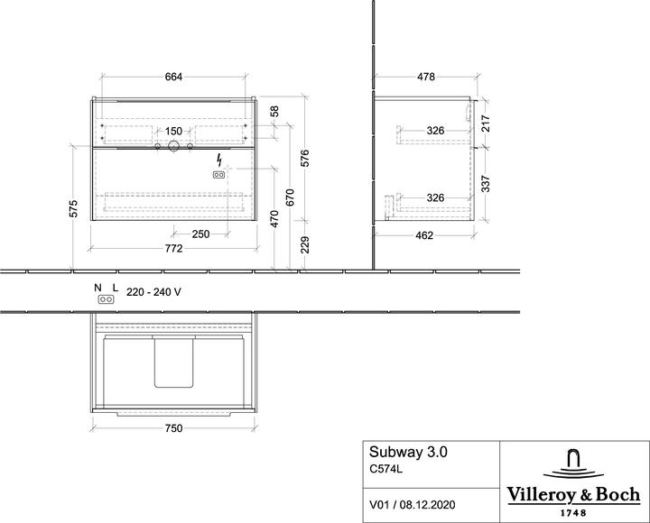 Produktbild Villeroy & Boch Subway 3.0, 772x576x478 mm, Waschbeckenunterschrank, 2 Auszüge, C574L2