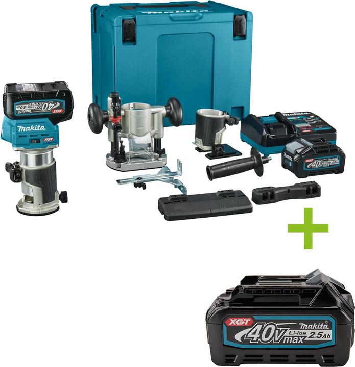 2x 4,0 Ah Akkus, Schnellladegerät, Feststativbasis, Tiefenanschlagbasis, Kantenführungsadapter, Schienenadapter, Mbox