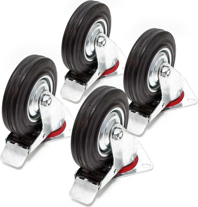 Image du produit Wiltec Kit 4x roulettes pivotantes Charge lourde Double arrêt Caoutchouc plein 125mm Frein 100kg/roue Trans