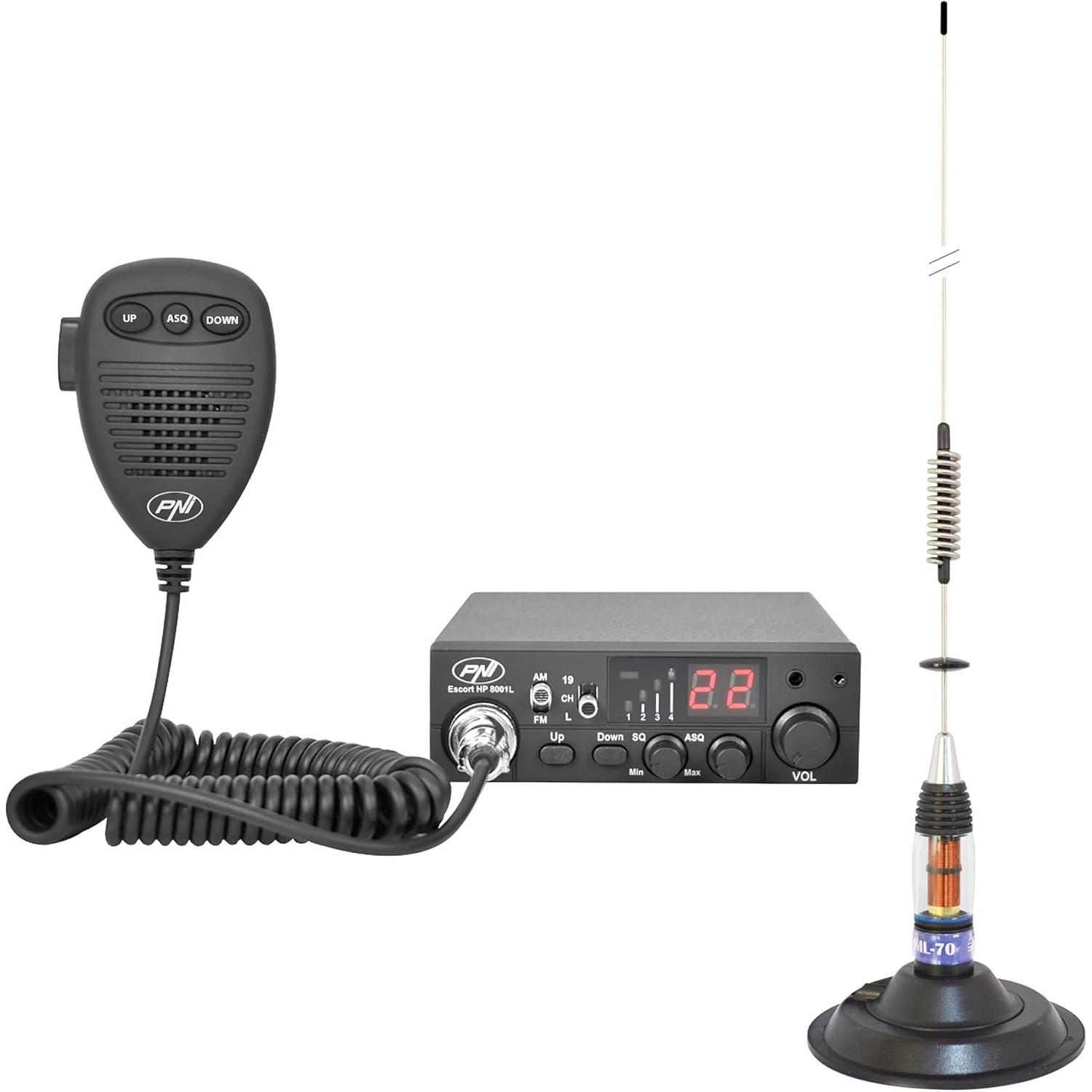 PNI Pacchetto radio CB ESCORT HP 8001L ASQ + cuffia HS81L + antenna CB ML70 con magnete in, Walkie talkie, Nero