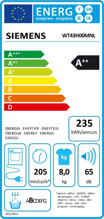 Energy Label Siemens WT43H00MNL extra klasse model met 5 jaar garantie (8 kg, Right)
