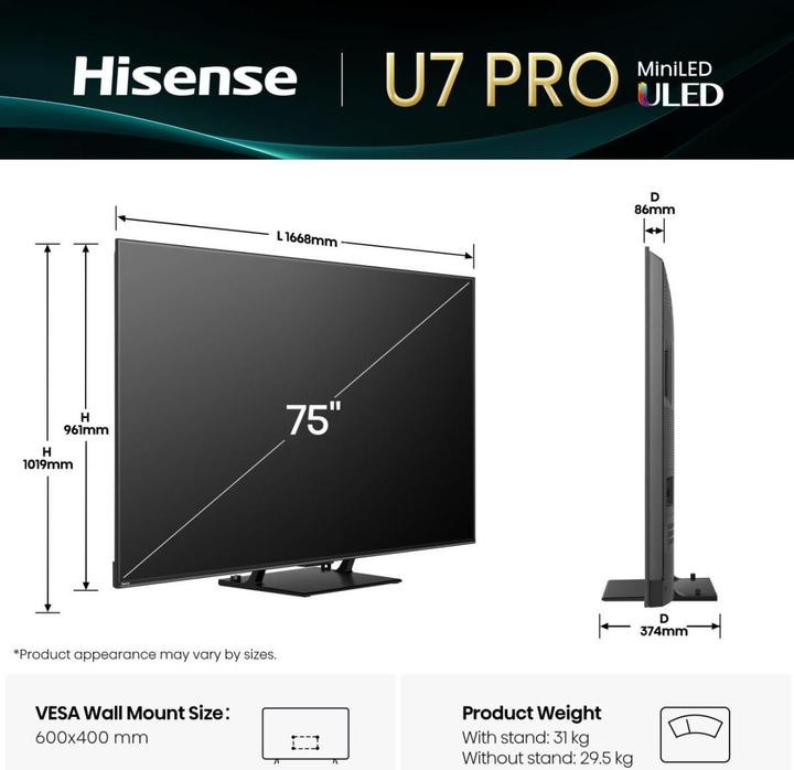 Actual product image Hisense TV 75U7Q PRO (75", U7Q Pro, LED, Mini-LED, 4K, 2025)