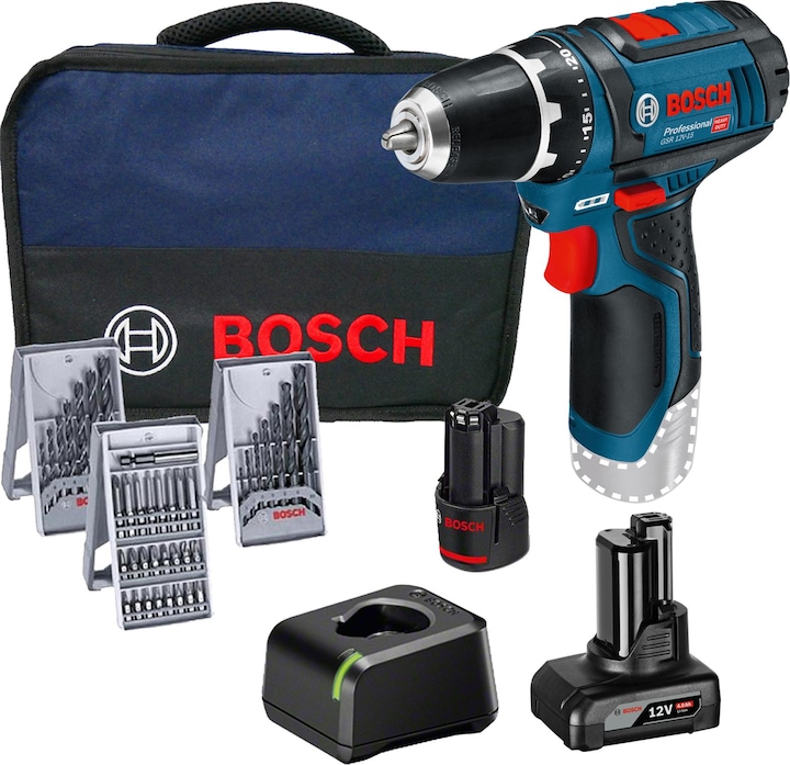 25-piece bit set, Fast charger, 1x 2.0 Ah Li-ION battery, 1x 4.0 Ah Li-Ion, Wood drill set, Metal drill set