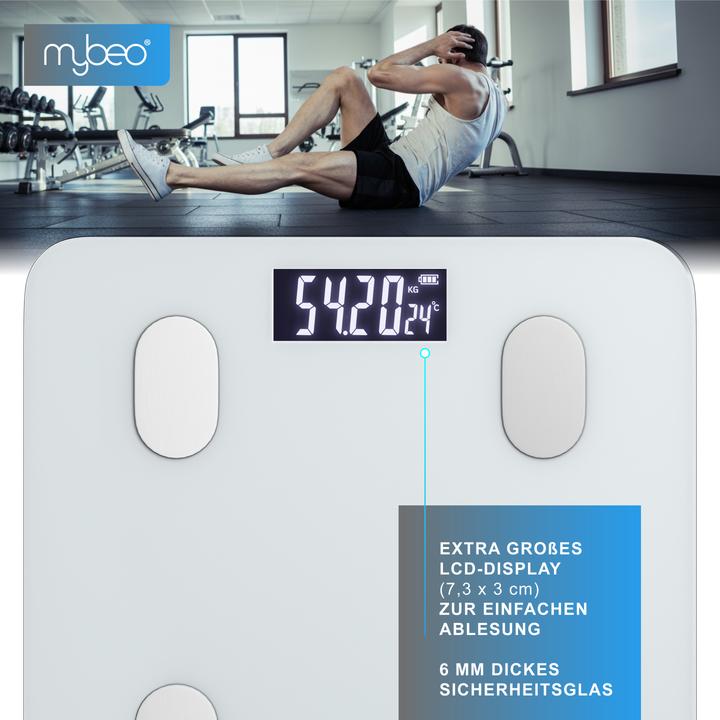 Produktbild Mybeo Körperwaage smart mit Bluetooth, Farbdisplay, Trend-Diagramm, Appsteuerung OKOK, weiss, max. 180kg (180 kg)