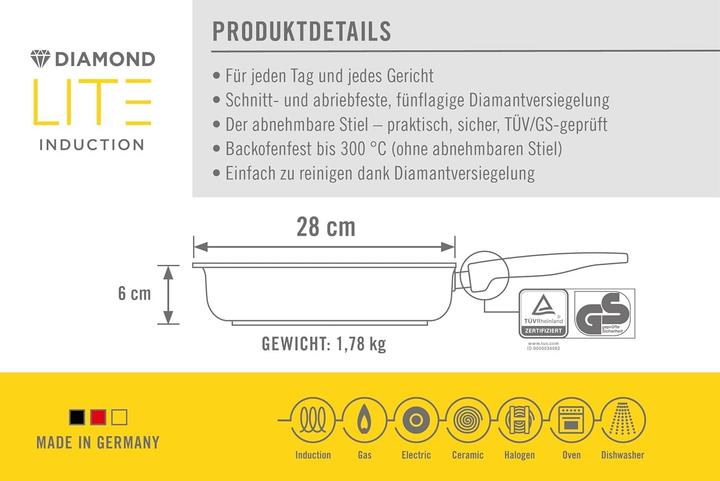 Produktbild Woll 1628 DPI Diamond Lite Guss-Hochrandpfanne, mit abn. Stiel, 28cm, Induktion (28 cm, Bratpfanne, Aluminiumguss)