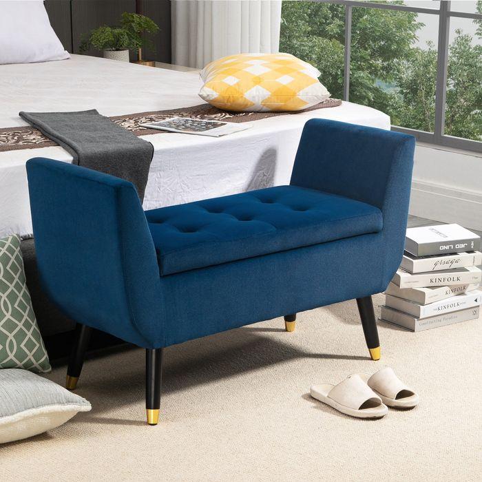 Actual product image Swisshandel24 Luxury bench Upholstered bench with storage space Armrests Chest bench Velvety polyester rubberwood (107 cm)