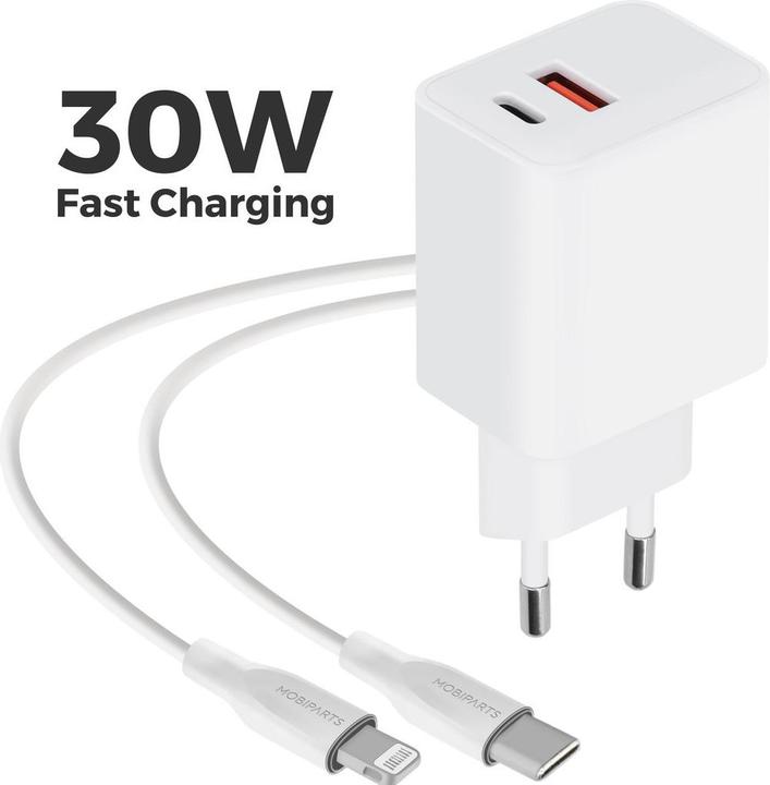 Produktbild Mobiparts Wall Charger Dual USB-C/USB-A with Lightning Cable White (30 W, 2 Ports)