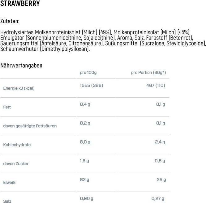 Valori nutrizionali e ingredienti Dymatize ISO 100 Idrolizzato (Fragola, 1 x, 932 g)