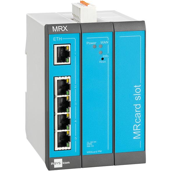 Insys icom MRX3 LAN, modularer-LAN-LAN-Router, VPN 5xEthernet 10/100BT 2xdig.Ein MRcard-Slots:1xfrei, Router, Blau