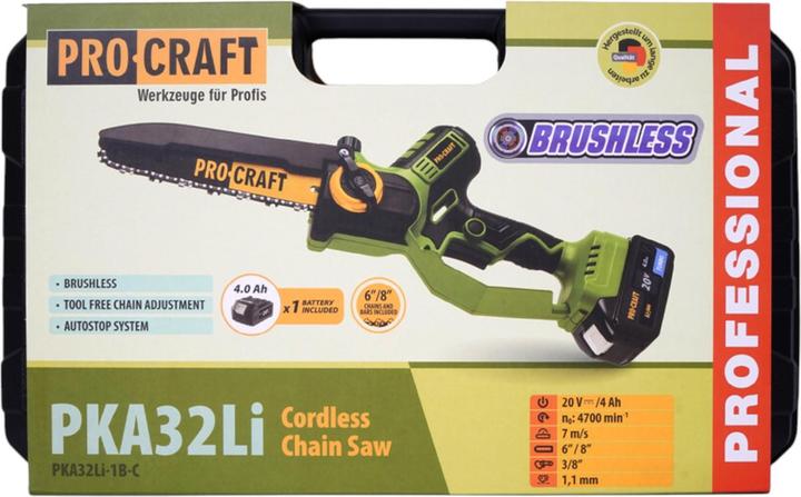 Produktbild Procraft PKA32Li Akku Kettensäge 20 V 203 mm Brushless + 1x Akku 4,0 Ah + Ladegerät + Koffer (Akku Kettensäge)