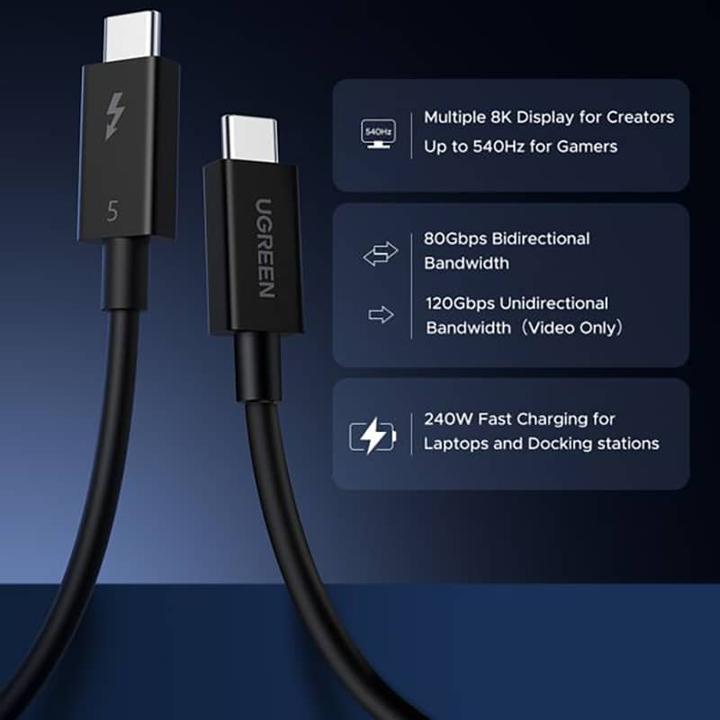 Actual product image Ugreen - Data Cable L703 (45996) - USB-C to USB-C Thunderbolt5, 120Gbps, 240W, 1m - Black (1 m, USB 4.0, 240 W)
