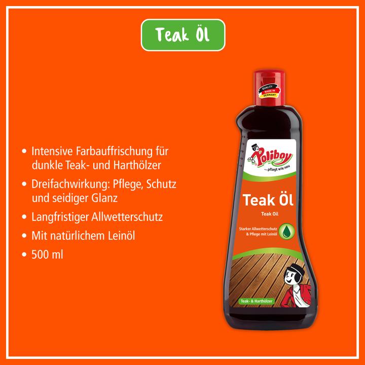 Actual product image Poliboy 2x 500ml Teak Öl dunkel + Baumwolltuch (Darkness, 1 l)