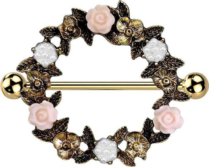 Immagine prodotto Star Piercing Barbell vergoldet mit zwei Kugeln Blumenkranz (Ottone, Acciaio chirurgico 316L)